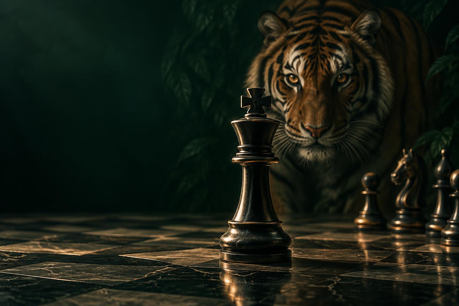 Black chess king on a dark marble board, watched by a tiger from the forest shadows