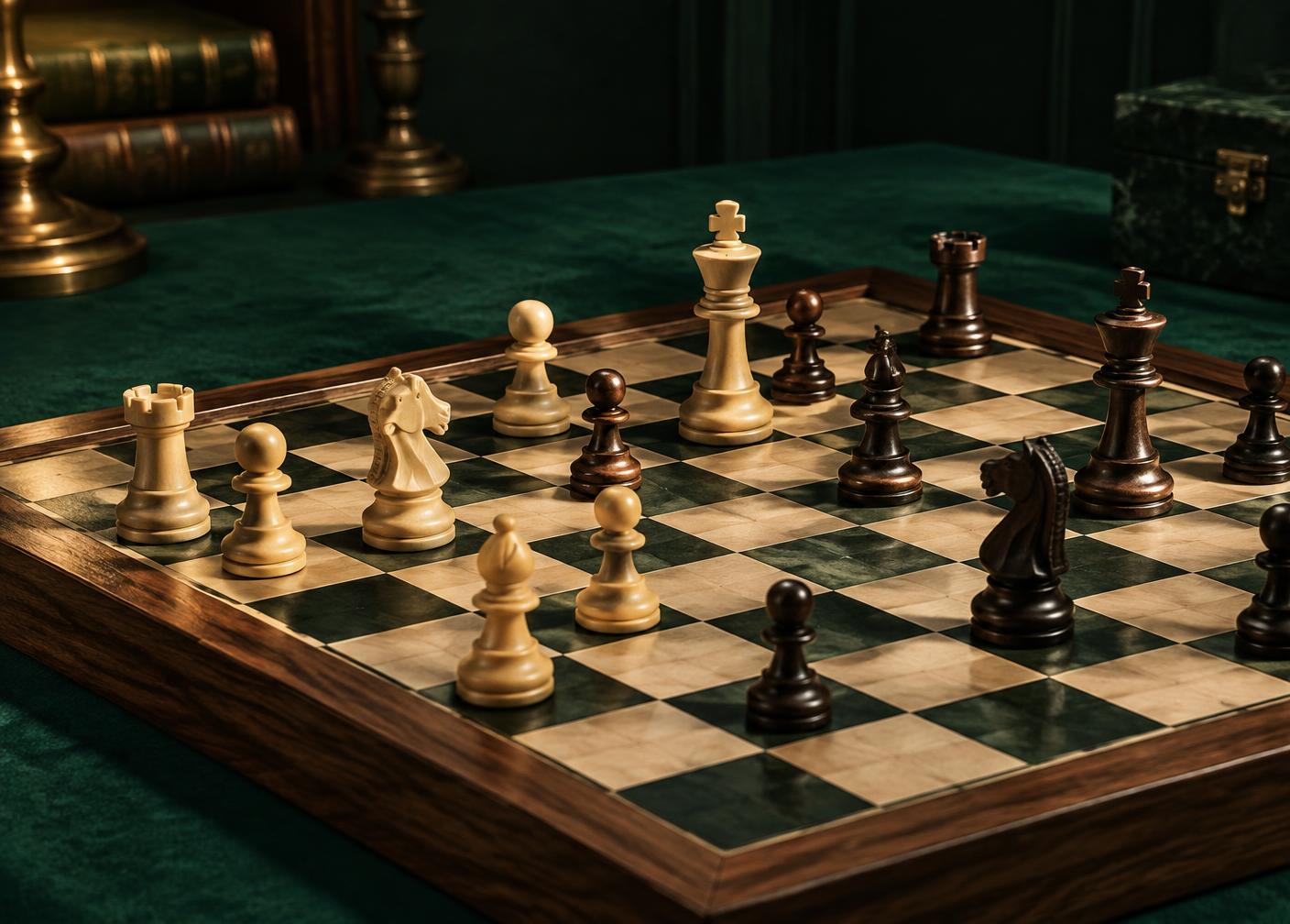 Chess position lit by dramatic gold light during tactical training